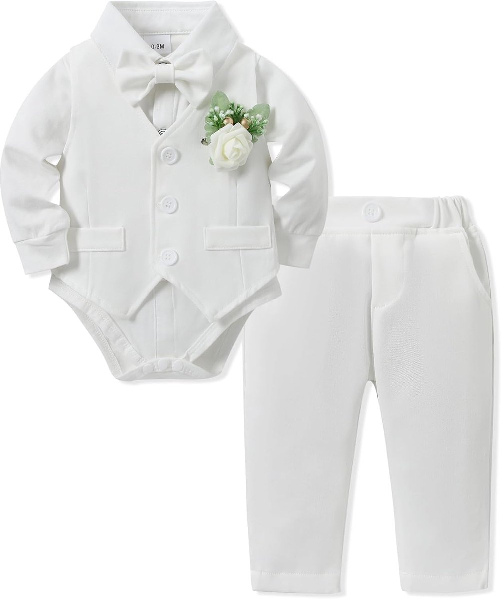 SnelShoppen - Zoerea Rompertje en Bijpassende Kleding voor Baby Jongens 0-18 Maanden - Doop, Ceremonie, Rompers met Strik, Vest, Korset en Broek - Sti