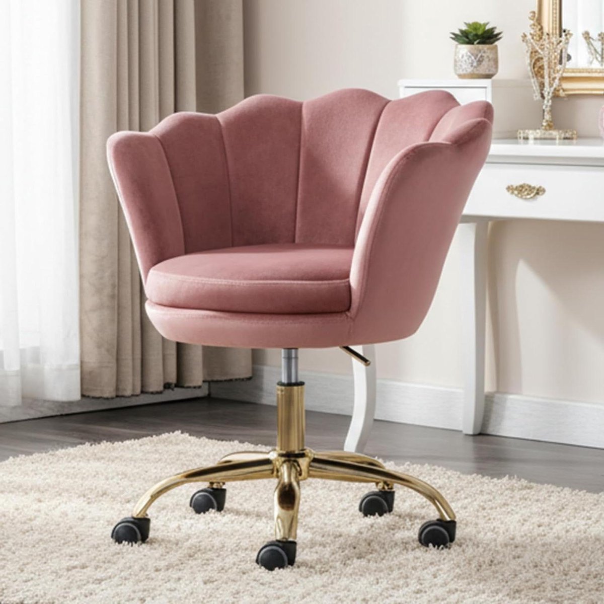 Bureaustoel Fluweel - Draaistoel Kaptafel - Comfortabel Werken - Bloemblaadjes Rugleuning - 76 x 70 cm - Roze