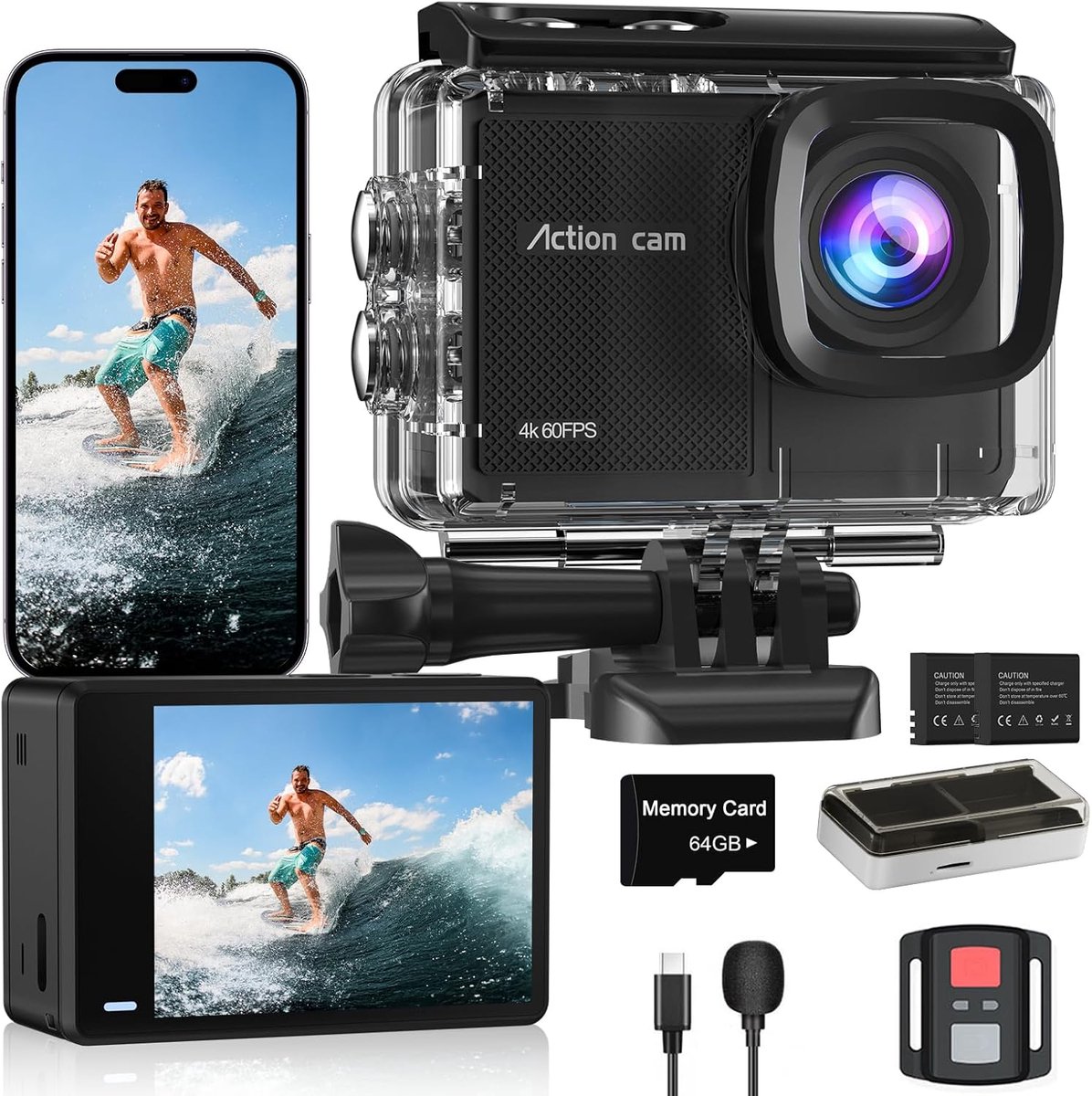 SnelShoppen - 4K 60FPS Actiecamera met 64 GB Kaart - 48 MP Waterdichte Camera, 40m Onderwatercamera, EIS Stabilisatie, Wifi, Afstandsbediening, 8x Zoo