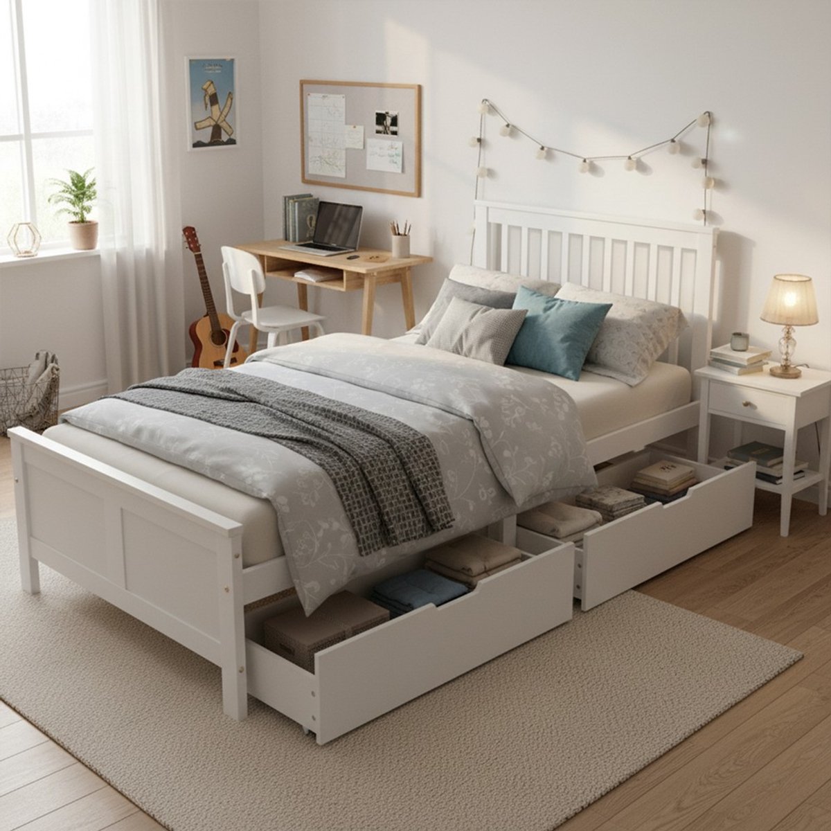 KOMHTOM - Houten Eenpersoonsbed - 90x200 cm - Grenenhout Frame - Opberglades - Wit