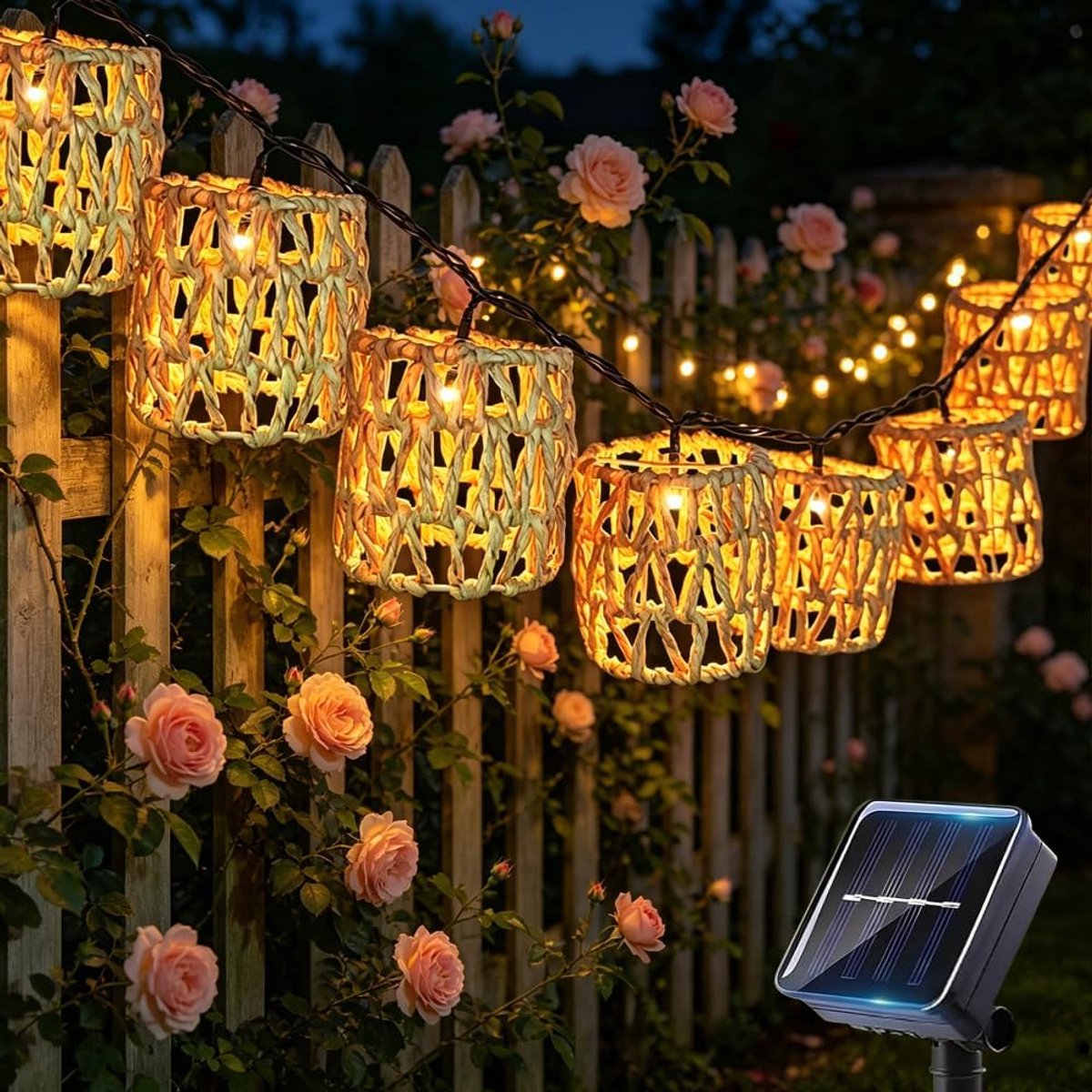 SnelShoppen - Led-Lichtsnoer op Zonne-energie Voor Buiten, 10 Leds, Waterdicht Rotanbol Lantaarn, Lichtketting voor Tuin, Balkon, Feest, Outdoor Decor