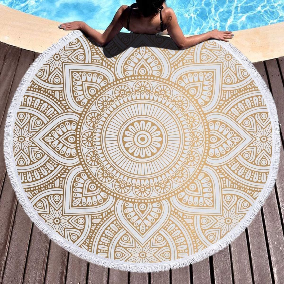 SnelShoppen - Mandala-stijl Ronde Strandhanddoek 150 cm met Kwastjes, Geschikt voor Strand, Yoga, Sjaal, Tapijt en Outdoor Activiteiten