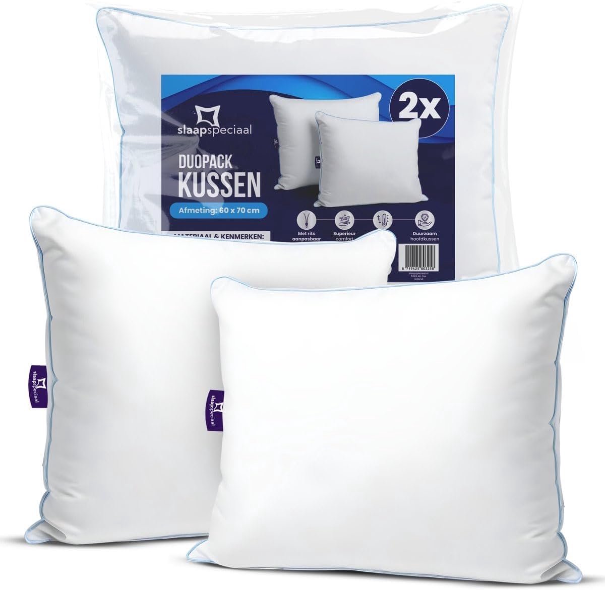 SnelShoppen - Hoofdkussen 60 x 70 cm Set van 2 - Ergonomisch Slaapkussen met Katoenen Overtrek - Gemiddelde Stevigheid - Ondersteunt Hoofd en Nek - Ac