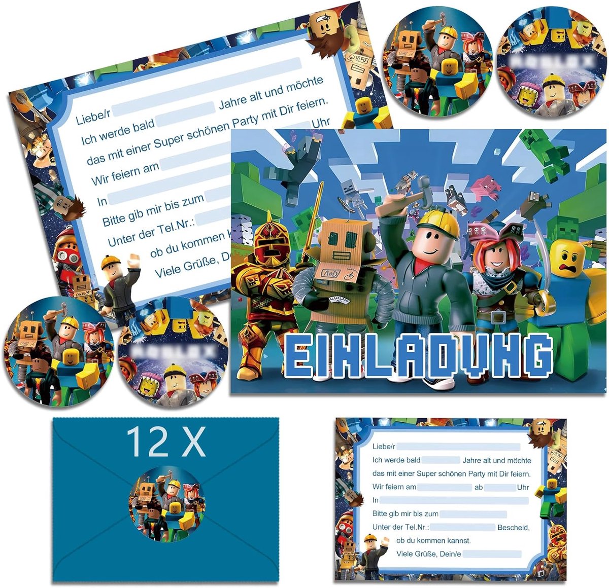 SnelShoppen - 12x Verjaardagsuitnodigingen Kaarten voor Jongens - Roblx Cartoon Stijl met Enveloppen - Perfect voor Verjaardagsfeestjes, Kinderen, Fee