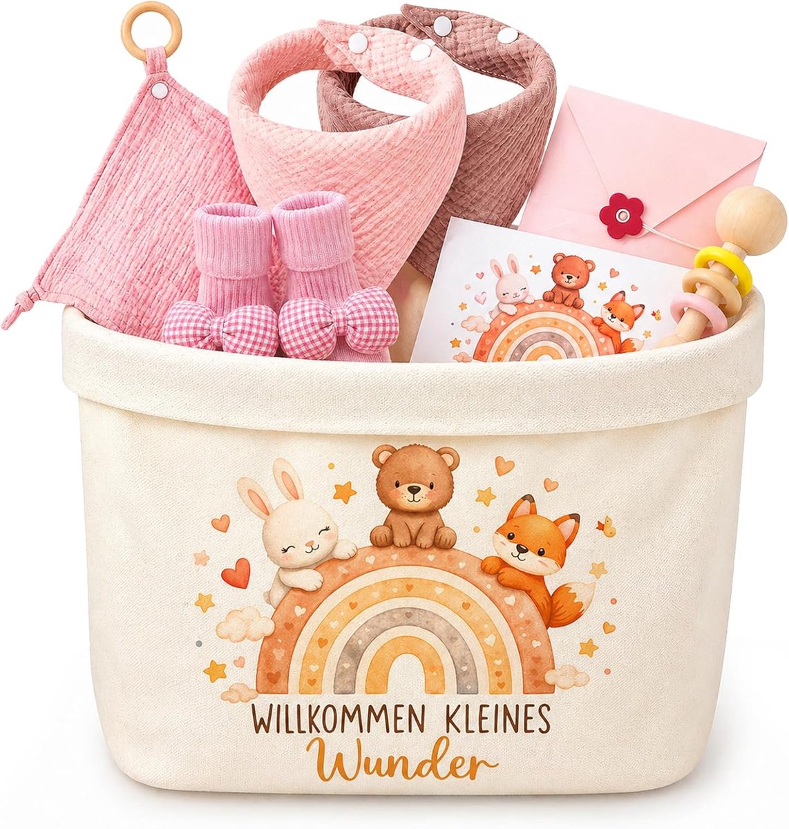 SnelShoppen - Babycadeauset voor Meisjes - Compleet Geschenkpakket met Knuffeldoek, Luiertas, Bijtring, Slabbetje en Sokken in Roze - Perfect voor Geb