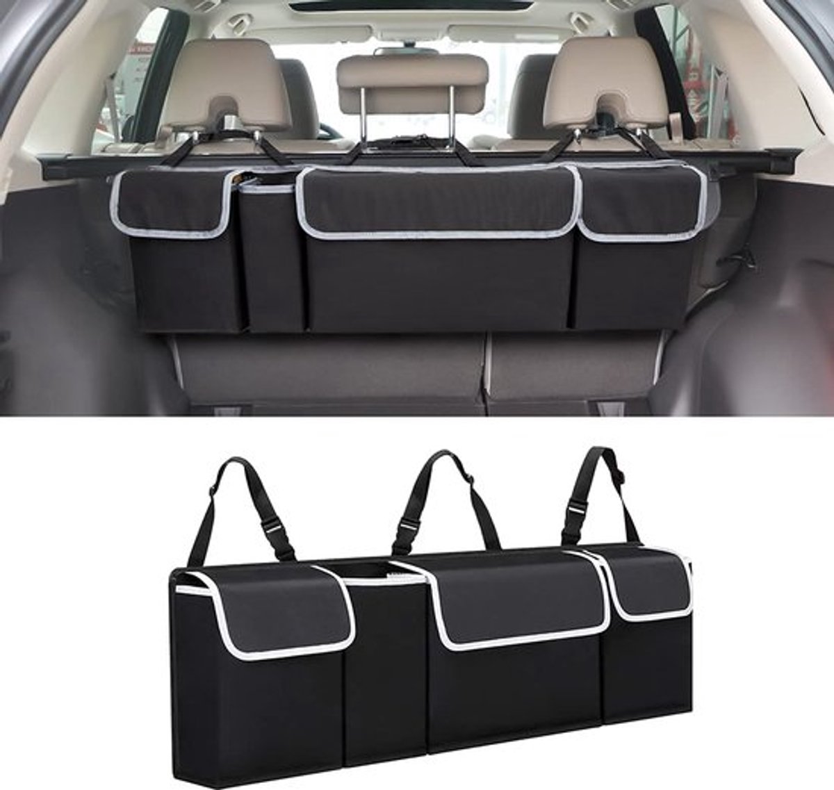 Car Trunk Organizer, achterbank opknoping organizer voor SUV, vrachtwagen, MPV, waterdicht, opvouwbare cargo opbergtas met 4 zakken, auto-interieur accessoires voor mannen en vrouwen (zwart)
