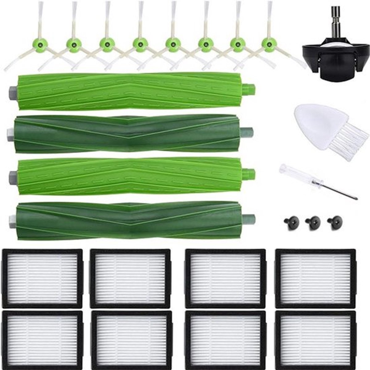 Geschikt voor - Roomba i7+ E5 E6 J7 combo i5 J5+, 4 hoofdborstels, 8 HEPA-filters, 8 zijborstels, 1 voorwiel