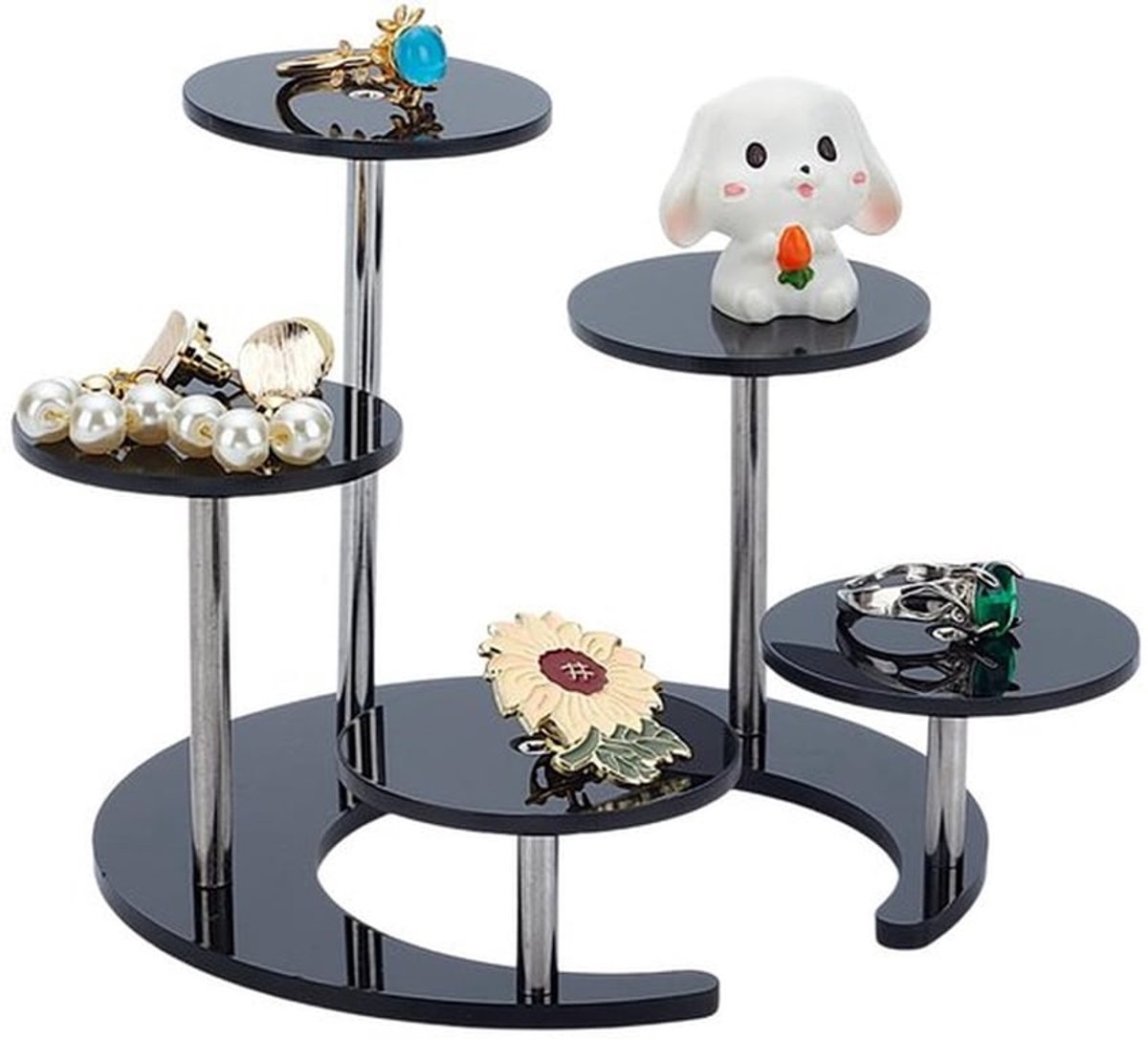 Zwarte Acryl Sieraden Display Stands met 5 Circulaire Lagen Ringen Houder Stand 14x13.5x11cm Maan Vorm Base Sieraden Organizer Houder Decoratieve Display Rack voor Cosmetica Sieraden
