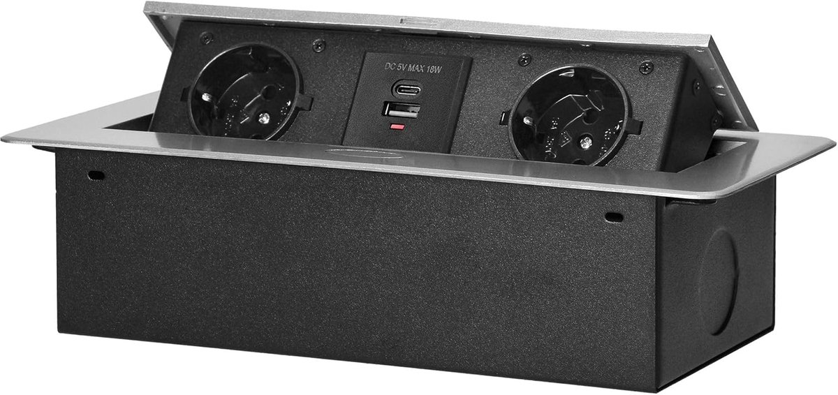 Thijox - Inbouw Stopcontact met USB-oplader en Vlakke Gefreesde Rand - Meubelcontactdoos voor Bureau, Werkblad, Tafelblad, Schuko 2X USB (Type A+C, 3,