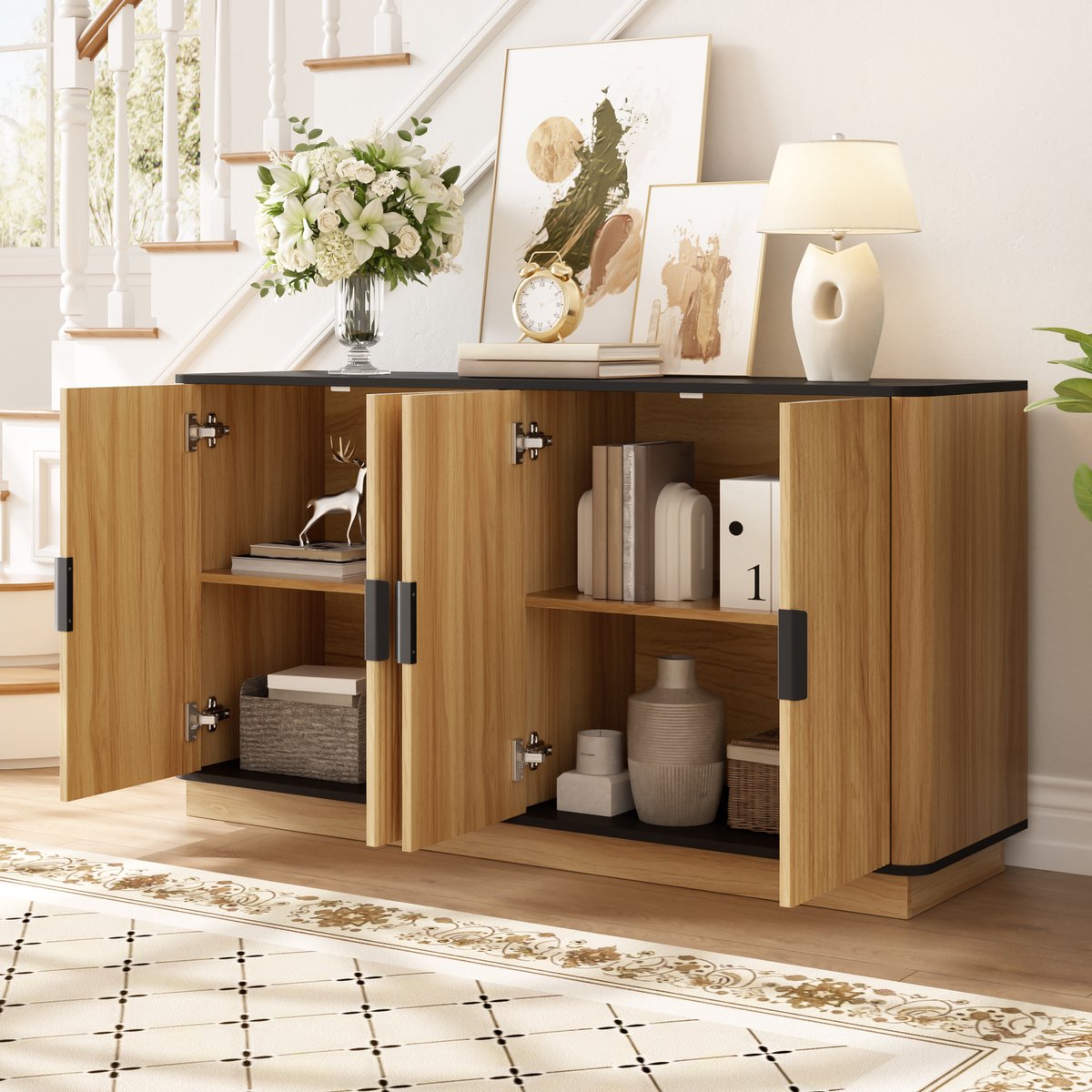 Wishdor - Dressoir - 4-deurs met golfstructuur en stille scharnieren - modern voor woonkamer, hal of eetkamer - houtlook en aluminium - naturel - 139 x 40 x 75 cm
