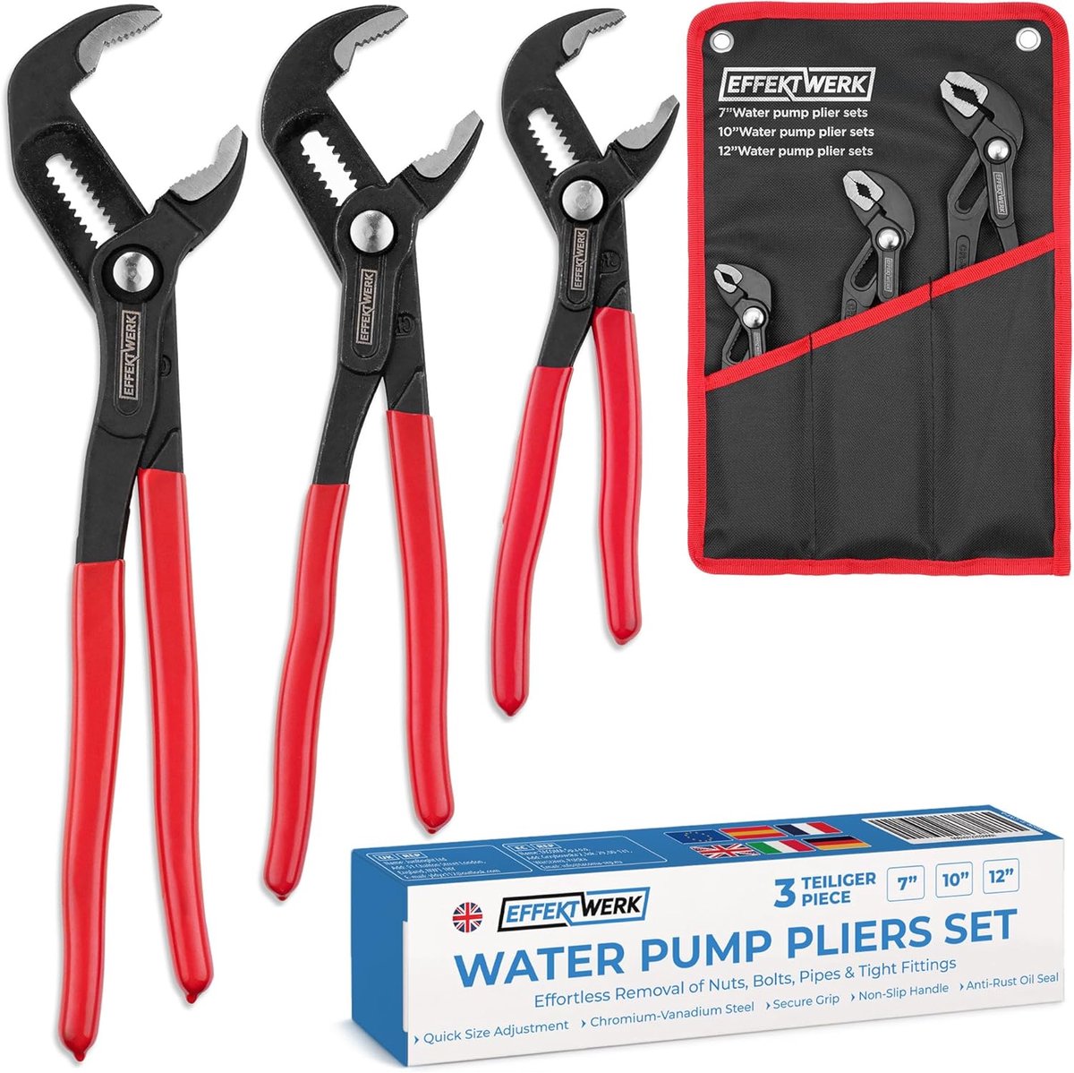 SnelShoppen - 3-delige waterpomptang set - 18 cm, 25 cm, 30 cm - Anti-slip loodgieterswrench, verstelbare bek, CR-V staal, perfect voor klussen