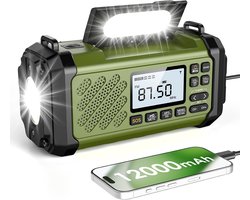 SnelShoppen - Vikeri Zwengelradio 12000 mAh - Noodradio met Zwengel en Zonne-energie, AM/FM/SW Ontvangst, LED Campinglicht, SOS-alarm, Kompas, USB-C O