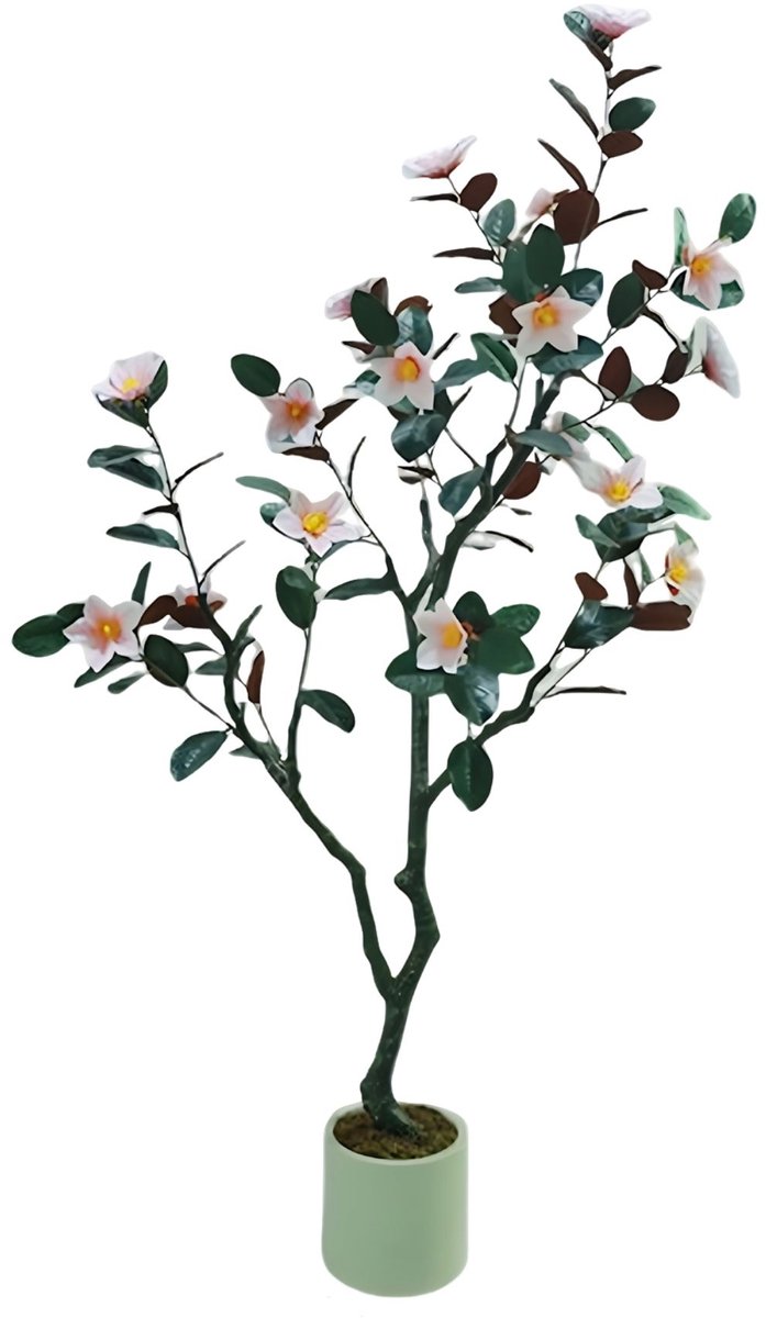 Kunst Magnolia Boom - Realistisch design met Bloeiende Bloemen - voor woonkamer en evenementen - 180cm Groen met Witte Bloemen - Lichtgrijs