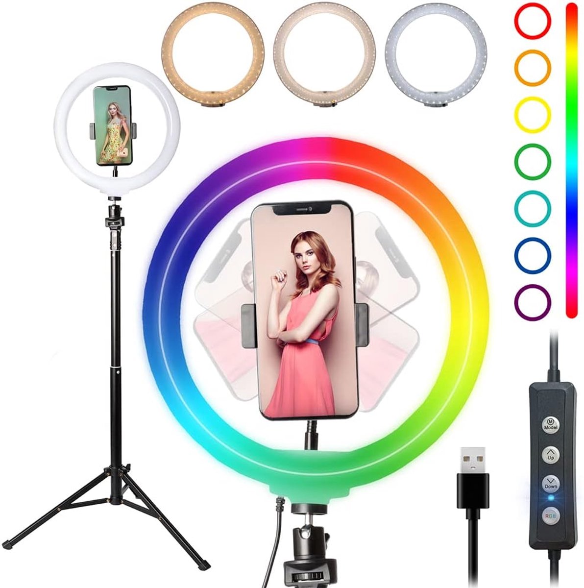 Thijox - 10'' Selfie Ring Licht met Statief, Telefoon Houder, LED Cirkel Ringlight RGB voor Make-up, YouTube, TikTok, Fotografie Verlichting, Dimbaar,