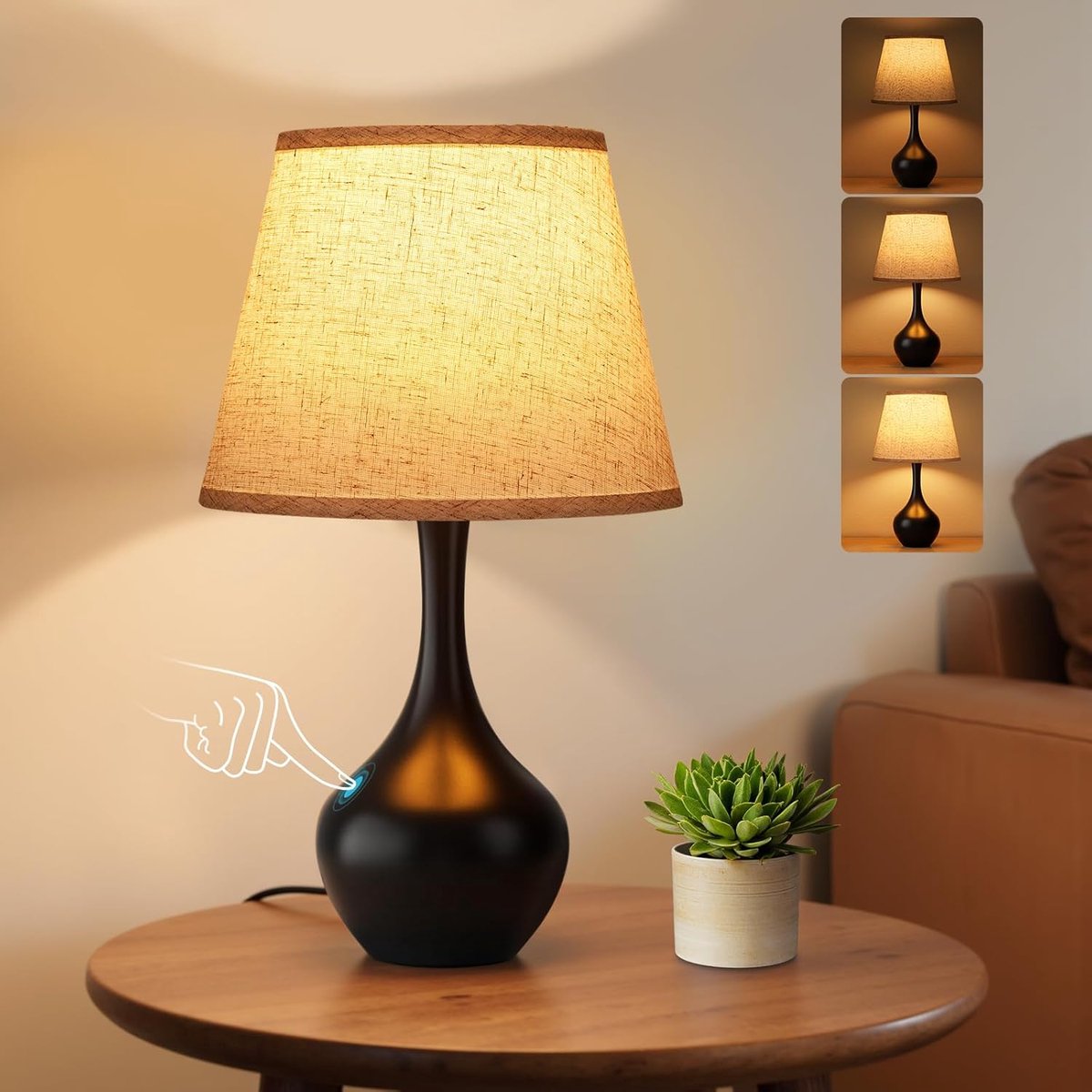 16.1" Touch Tafellamp voor Nachttafel - 3-Stands Dimbaar - Zwarte Bedlamp voor Slaapkamer, Woonkamer, Kinderkamer - 1 Stuk