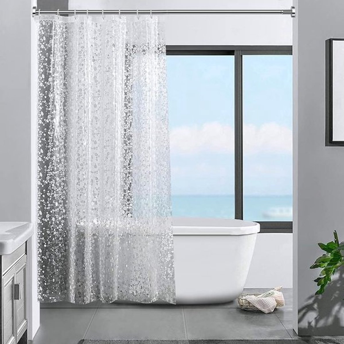 Dou douchegordijnen 3D-steenpatroon, transparant, 100% EVA-materiaal, waterdicht en schimmelwerend, 120 x 180 cm, met 8 ringen, badgordijn voor badkamer, dikte 0,20 mm