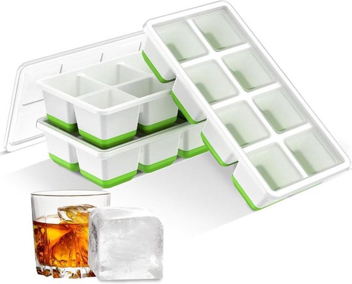 IJsblokjesvormen met deksel, grote ijsblokjesvormen, 3-pack, 24 ijsblokjes, siliconen, flexibel, BPA-vrij, herbruikbare ijsblokjesvormen voor whisky, cocktails, dranken, ijsblokjesvormen (groen)