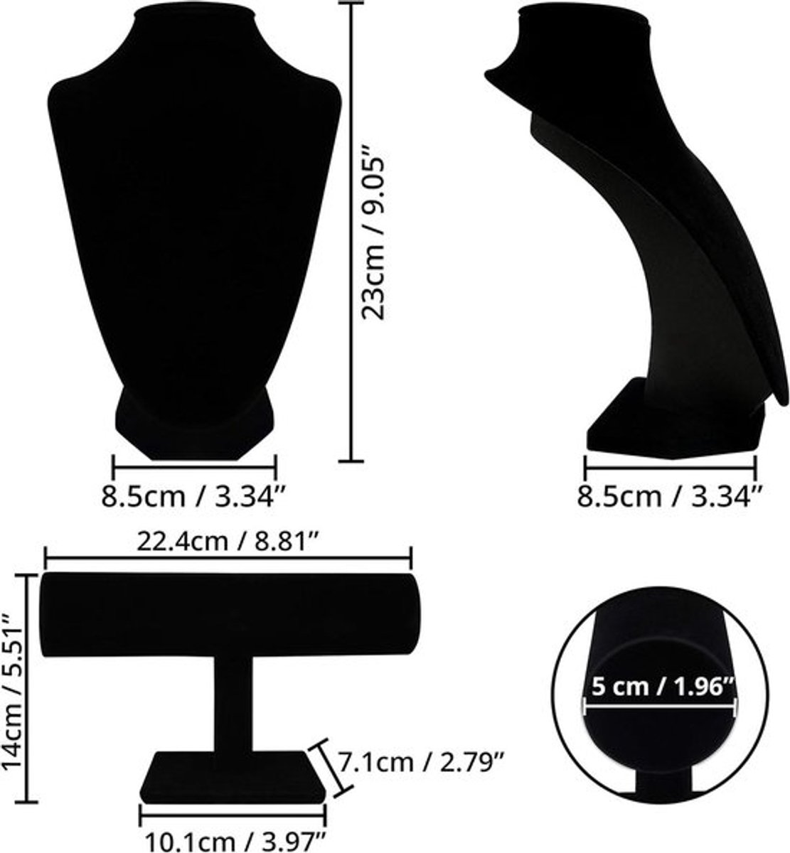 Ketting Display Buste & T-Balk Sieraden Standaard (2Pak) - Sieraden Houder Mannequin Voor Armbanden, Horloges en Hangers - Geschikt voor Chokers, kettingen en Kabels - Zwart Velours - - Sieraden Houder