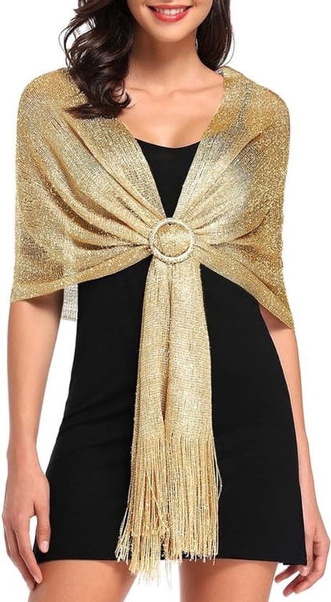 Damessjaal - glinsterende metallic sjaal - kwastjessjaal - geschikt voor avondfeesten, bruiloften, zee, stranden - met clip-Goud