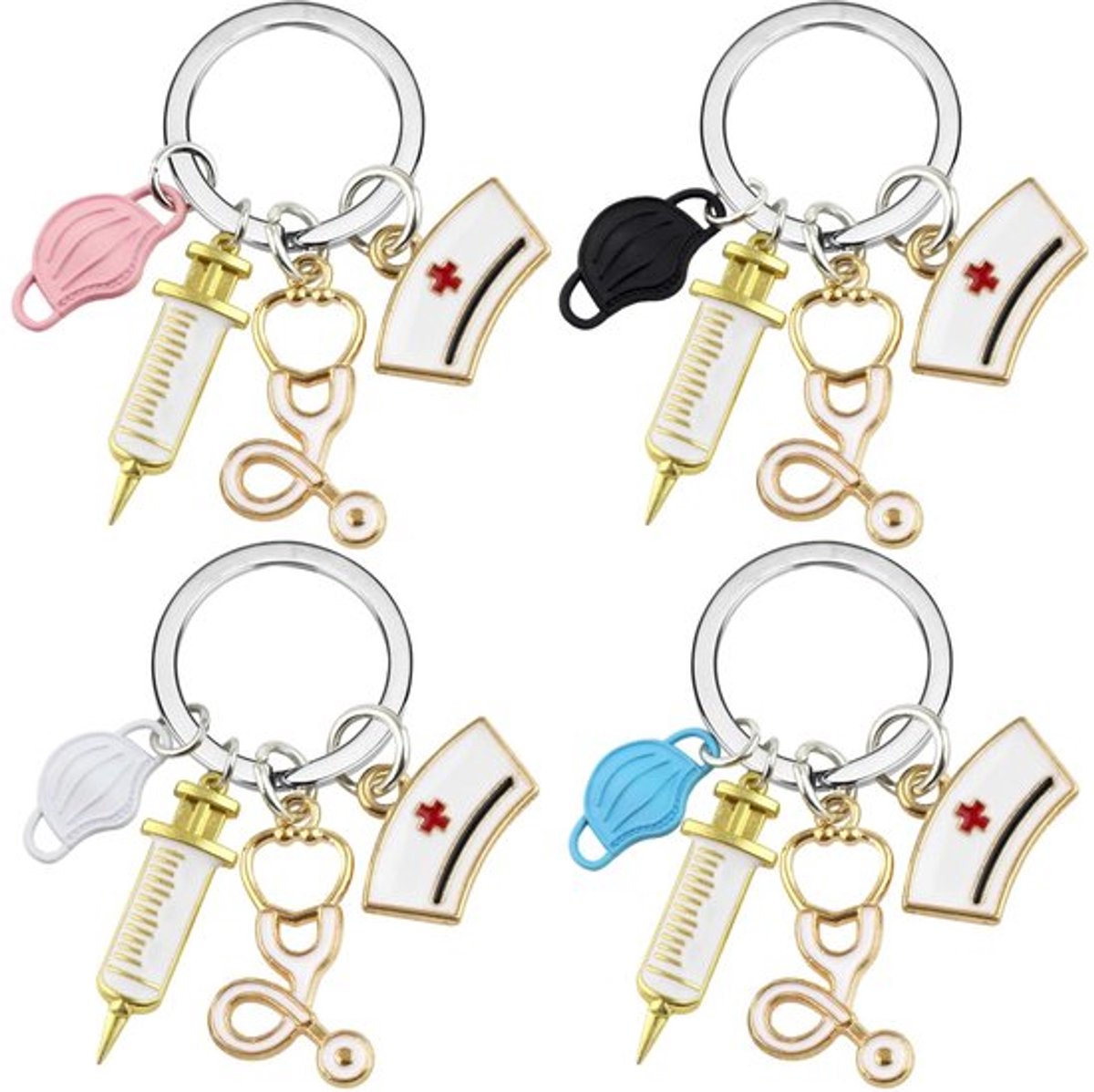 4 Stuks Verpleegkundige Sleutelhangers, Cadeau Sleutelhanger, Dokter Sleutelhanger, Verpleegkundige Accessoires, Verpleegkundige Cadeaus, Cadeau Ideeën voor Vriendinnen, Zwart, Wit, Roze, Blauw