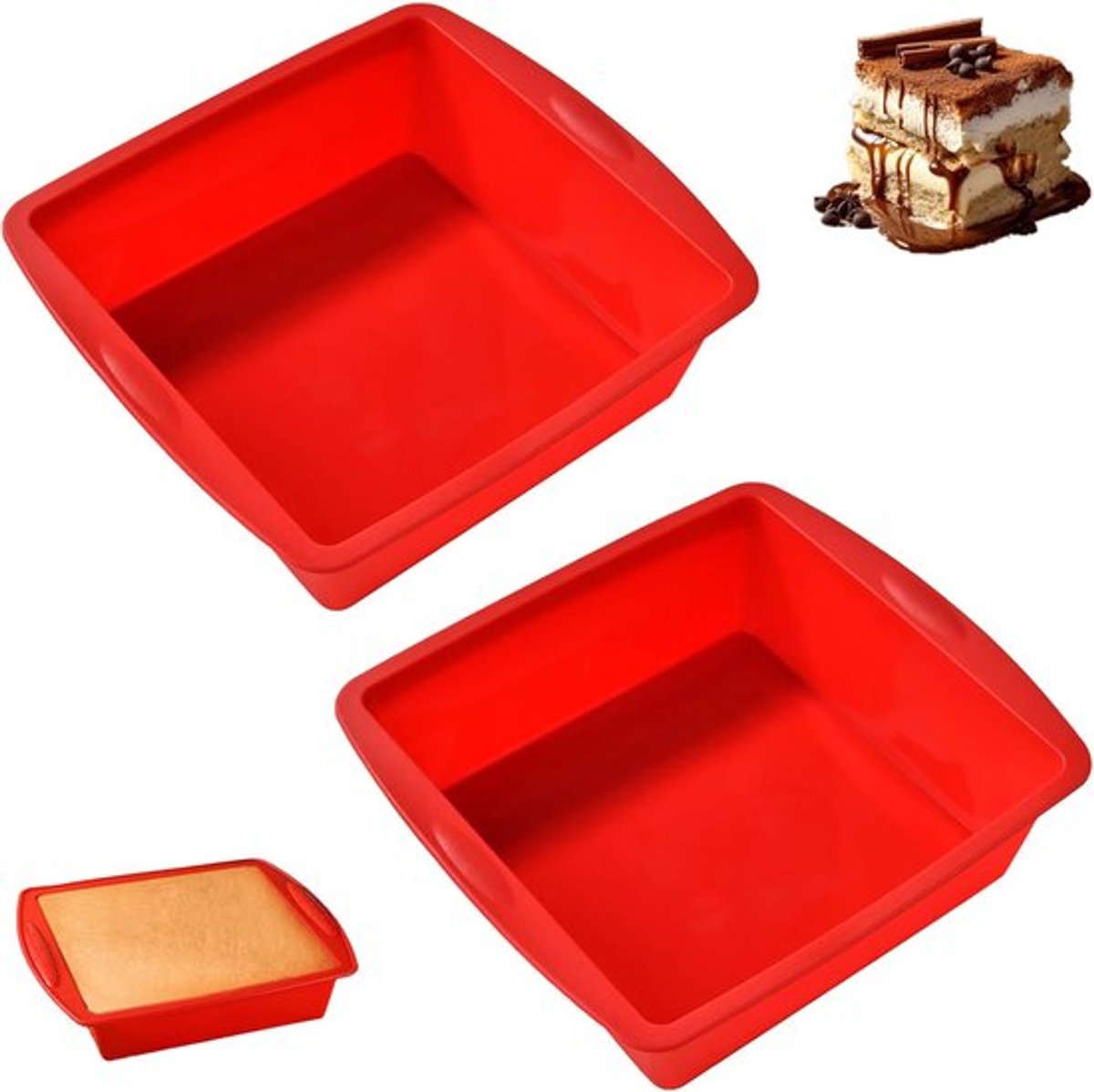 Siliconen bakvorm vierkant - anti-aanbak - set van 2 - rood - 20 cm