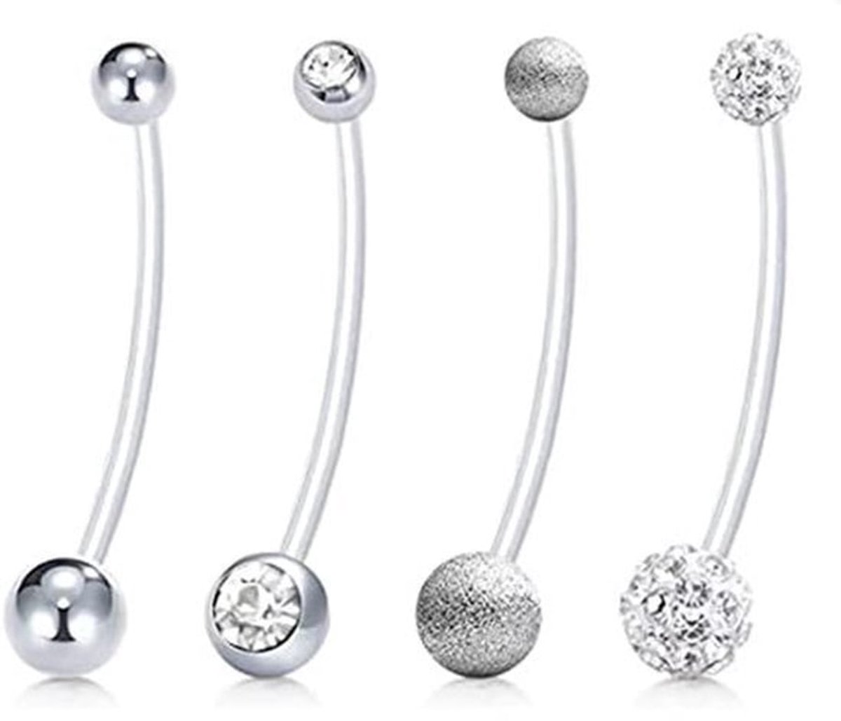 4 Stuks Buikpiercing Voor Zwangerschap - Flexibele Acryl Bar - Zilver