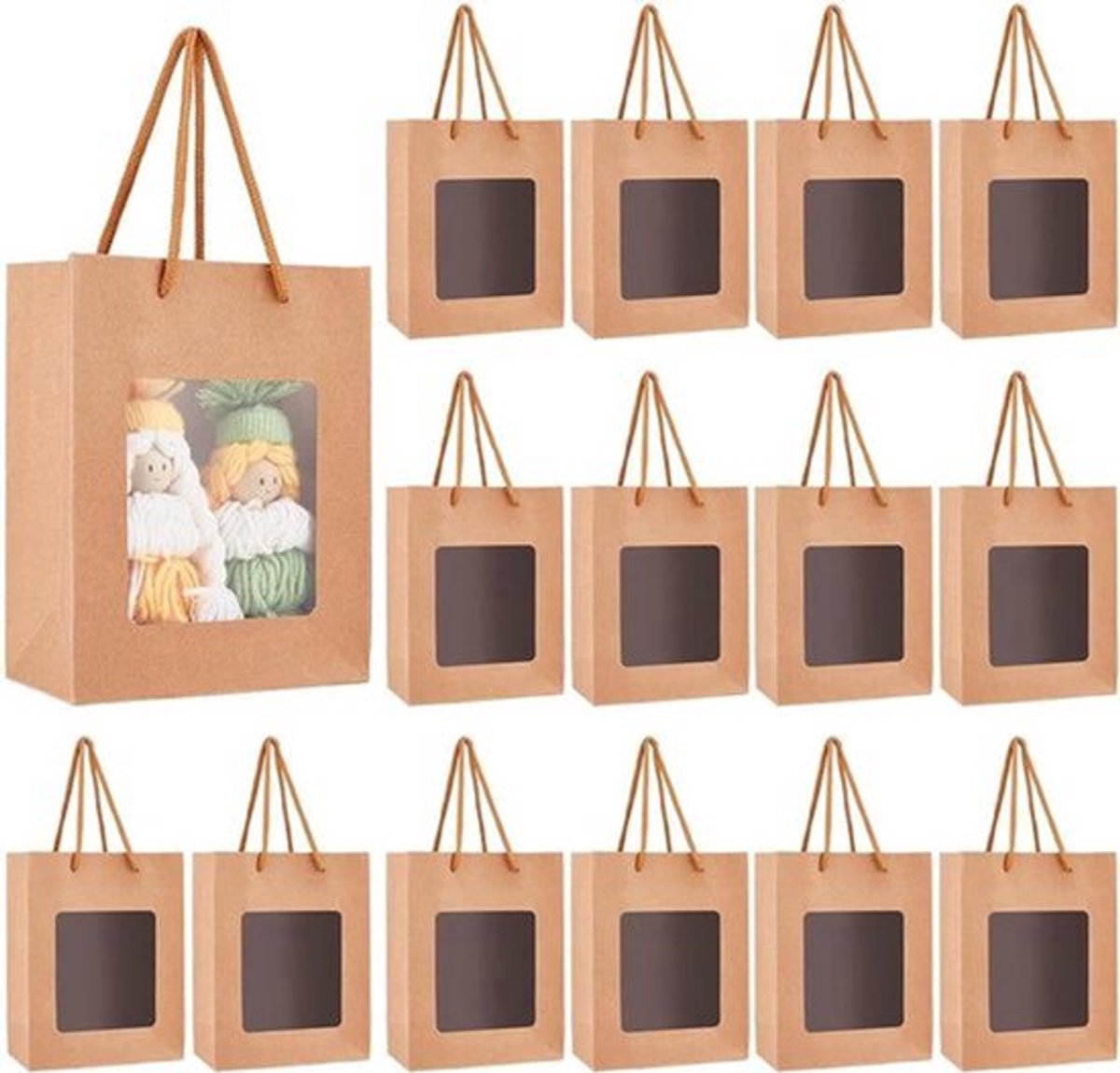 36 stuks papieren geschenkzakjes met transparant venster, 14 x 18 x 7 cm - Draagtasjes voor Kerstmis, cadeauverpakking, bruiloft. Met handvat.