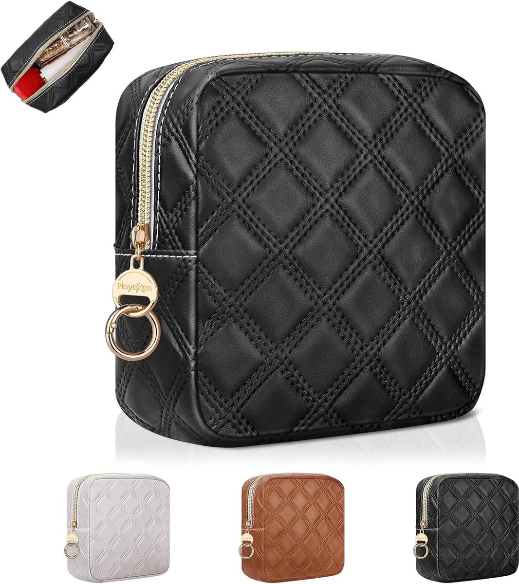 Thijox - Make-uptas Organizer voor Dames - PU-leer Toilettas - Kleine Draagbare Make-uptas - Bc-quilt-zwart - Perfect voor Reizen en Winkelen