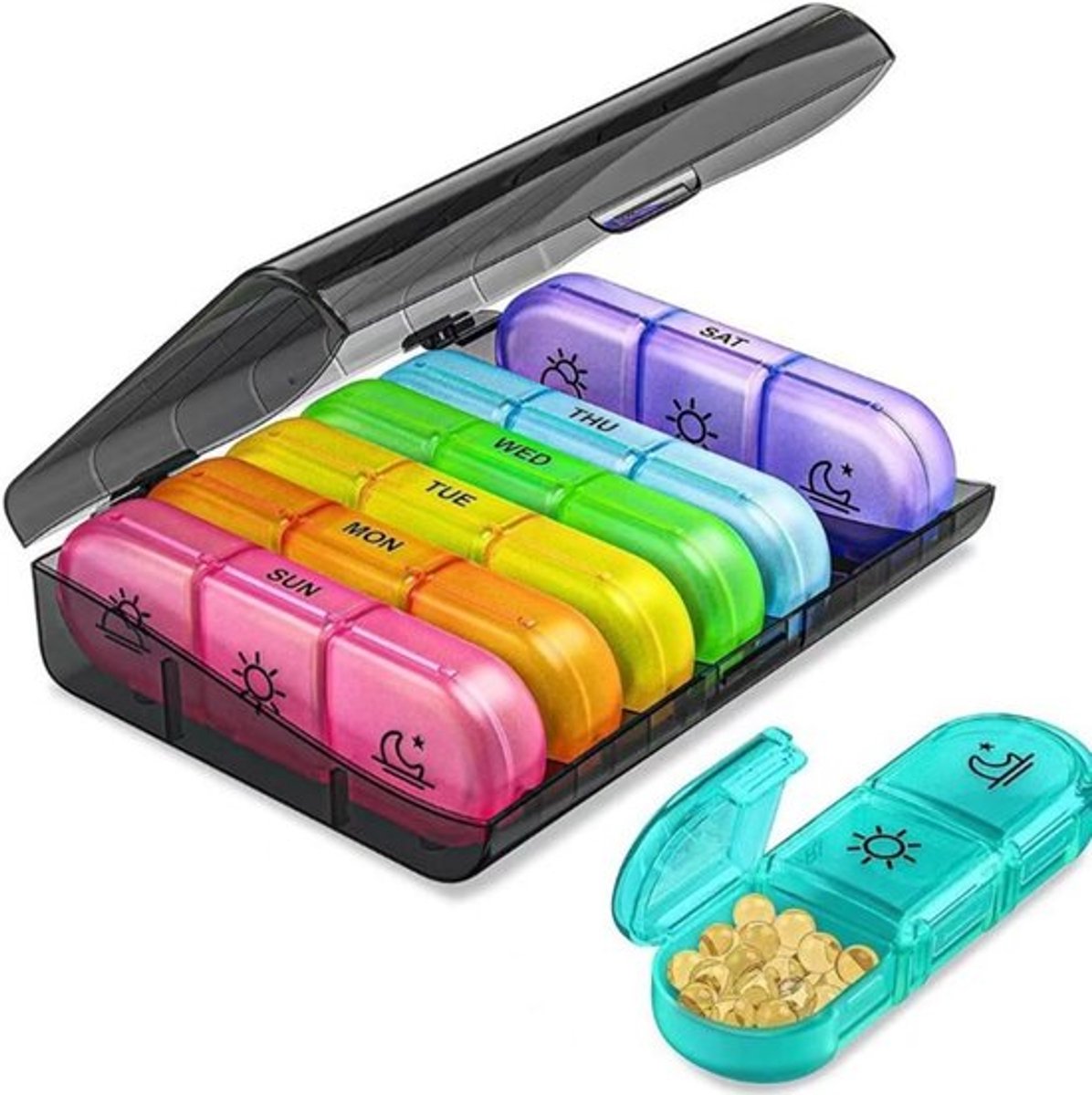 Pillendoos - Wekelijkse pillendoos - Pillendoos - 21 compartimenten - 7 dagen 3 keer - Draagbaar - Dagelijkse pillendoosherinnering voor op reis - Vitamine-, supplementmedicatie-organizer - 7 kleuren - Zwart