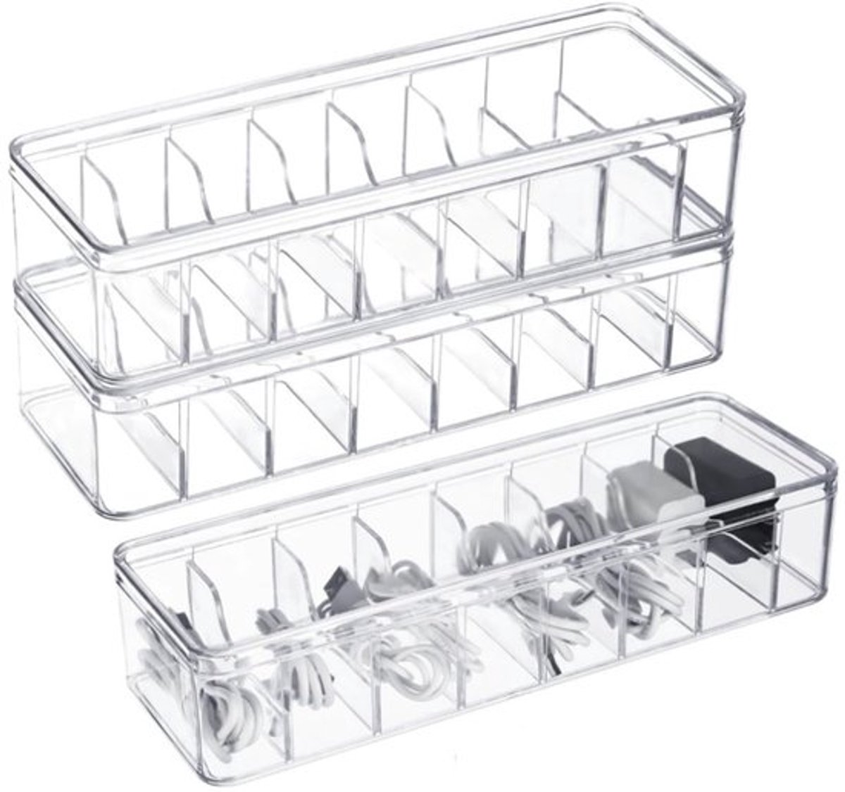 3 stuks - Kabelopbergdoos - Kabelorganizer - Transparante kabelbeheerdoos - Oplader kunststof opbergdoos - Met deksel - Transparante kleur - 26*10*6 cm - Geschikt voor thuis kabeloplader elektronische accessoires opslag