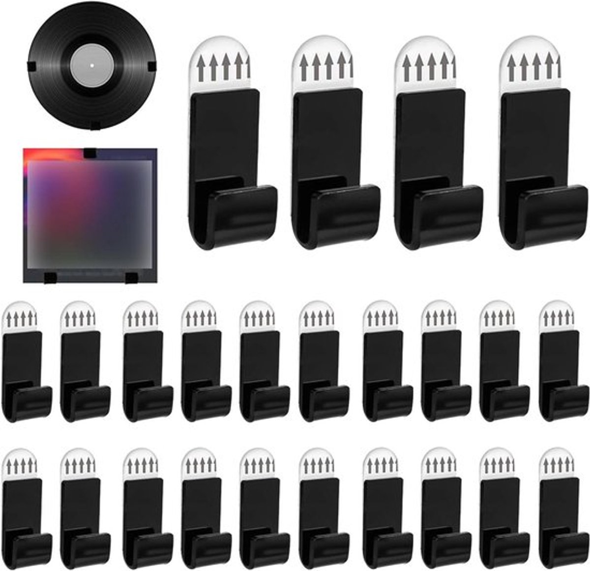 Zwarte Platenhouder voor Wandmontage | Set van 24 Stuks | Geen Boren | Zelfklevende Acryl Hangers voor CD's, Kaarten, Albums en Tijdschriften