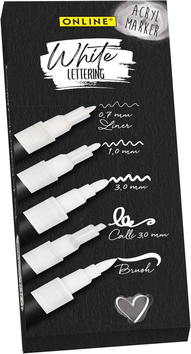Thijox - Online Set van 5 Witte Handlettering-Stiften - Sterk Dekkende Acryl Kalligrafie- en Fineliner Penselen voor Bullet Journal, Creatieve Project