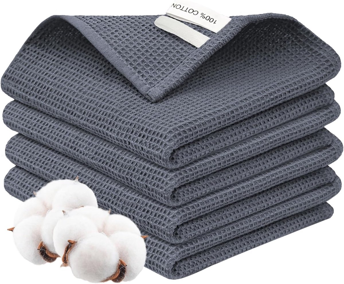 SnelShoppen - 4 stuks theedoeken 100% katoen, absorberende keukendoeken met wafelpatroon, donkergrijs, 35 x 35 cm, perfect voor thuis en restaurantgeb