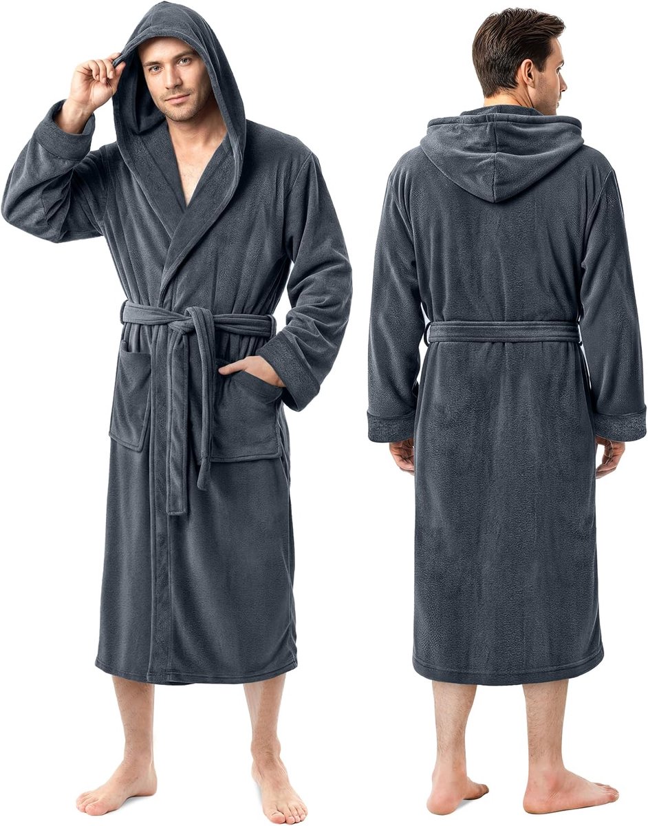 SnelShoppen - Fleece Badjas Heren met Capuchon | Warme Hooded Bathrobe voor Thuis, Relaxen, Spa, en Verwenmomenten | Comfortabele en Zachte Badjas in
