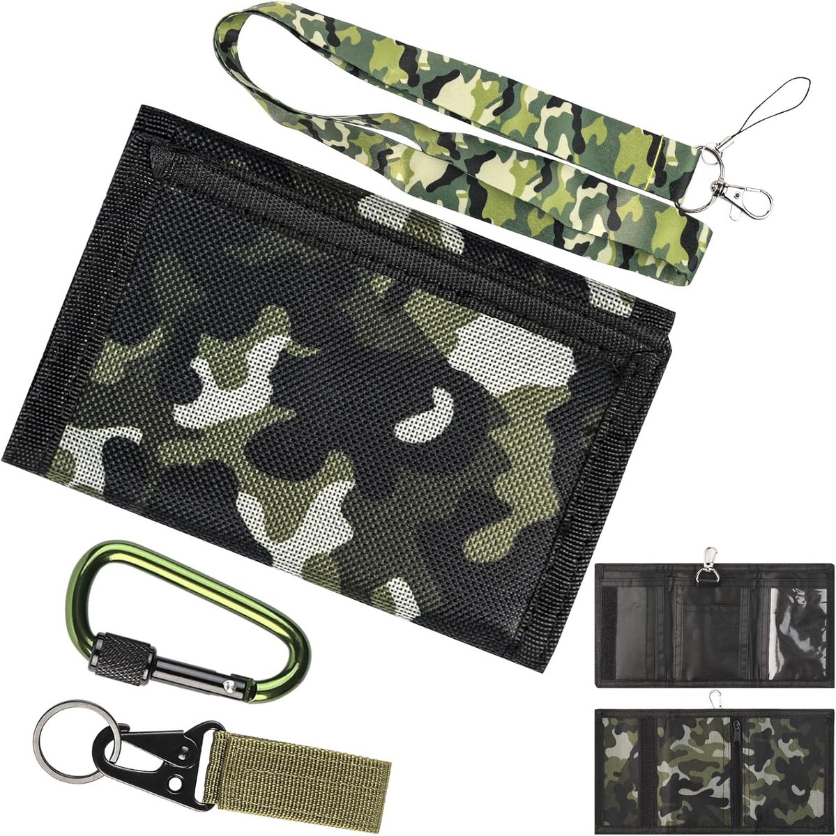 SnelShoppen - Slanke Kinder Portemonnee Camouflage met Karabijnhaak, Polyester, D-Vormige Klimhaak, Ideaal voor Jongens, Perfect voor Feest, Camping e