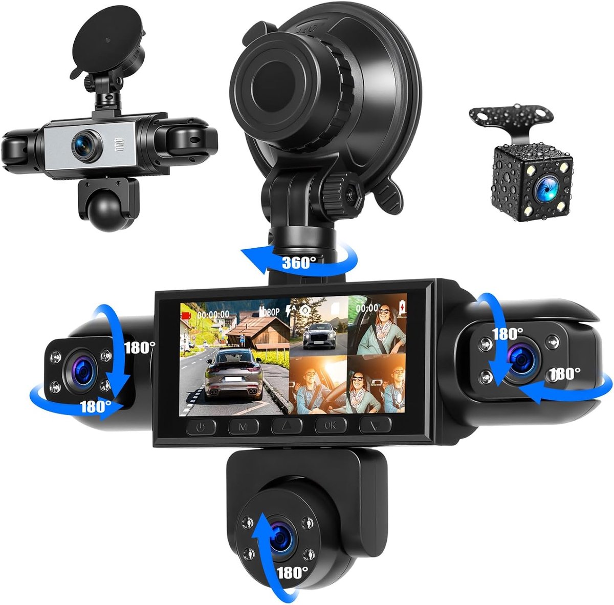 SnelShoppen - 5-kanaals 360° Dashcam met Nachtzicht, Parkeerhulp, 3,16 Inch Scherm, Voor- en Achterzicht, Links en Rechts, Interieur Camera