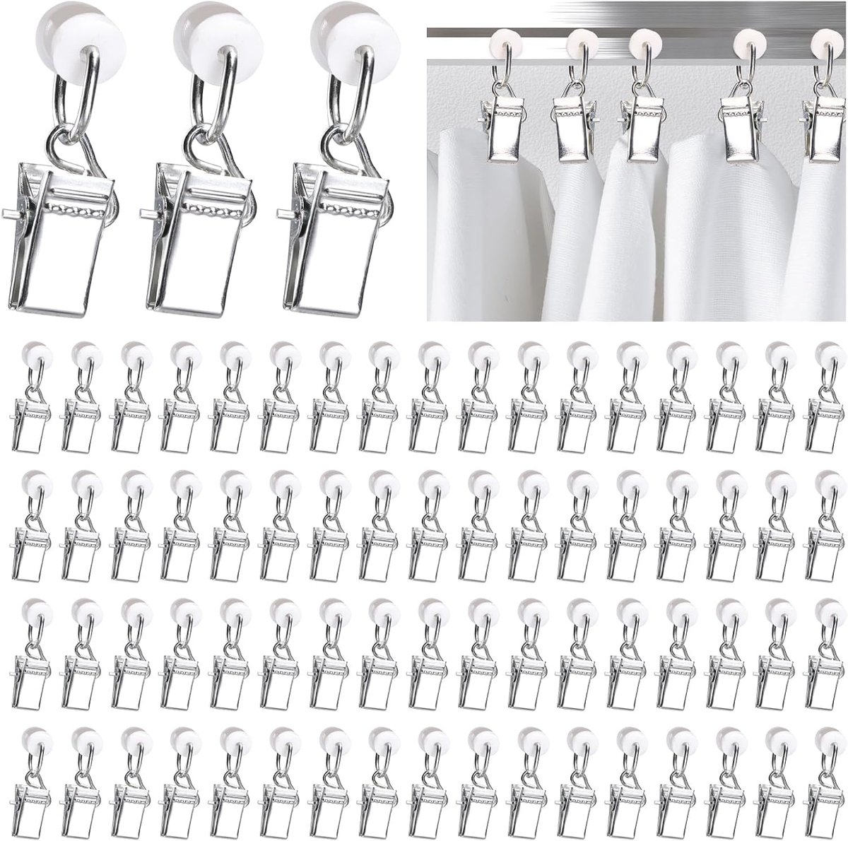 SnelShoppen - 70 stuks metalen gordijnclips, klemhaken, gordijnhaken, dubbele wielen, zilver, ideaal voor ophangen van gordijnen, foto's, kerstdecorat