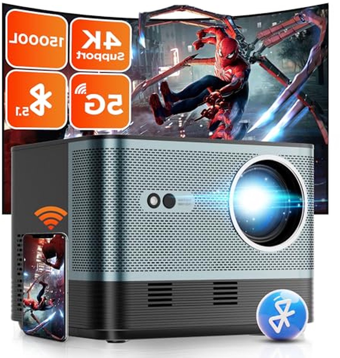 Full HD Projector - Videoprojector WiFi - Home Cinema Ervaring - Automatische Focus - 150 Inch Scherm - Zwart