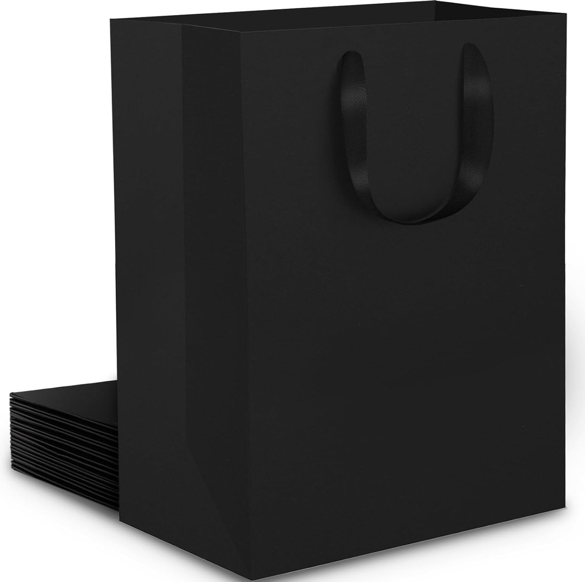 SnelShoppen - Kleine Geschenkzakken Zwart - 10st Papieren Draagtas 15x6x20cm - 250gsm Kraftpapier met Handvat - Perfect voor Feestjes, Kerst, Verjaard