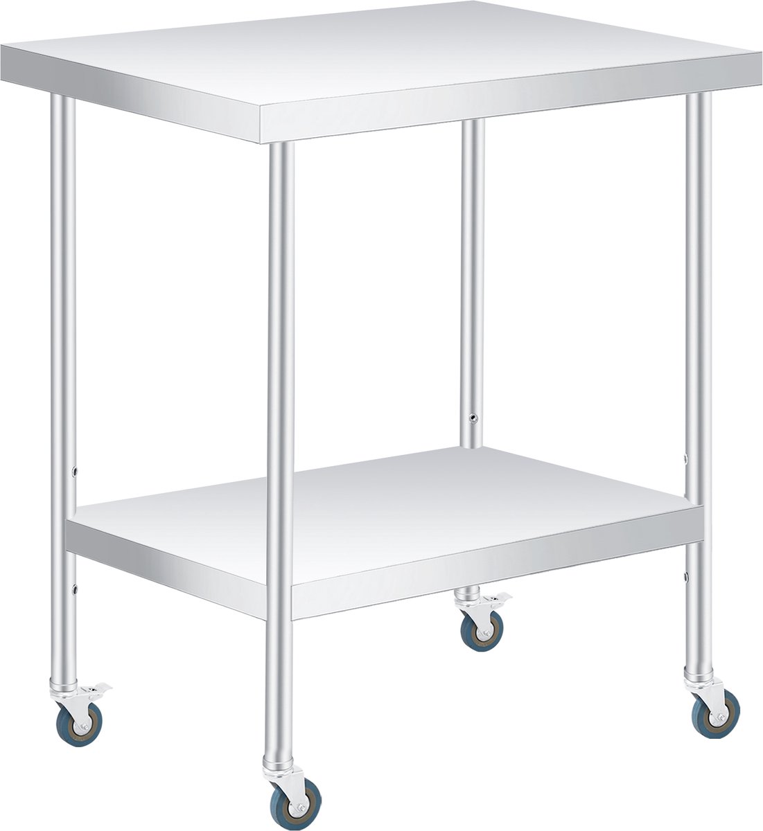 Dubbel Rvs Werktafel - Werktafel met Verstelbare Onderplank met Wielen - 76x61x89cm