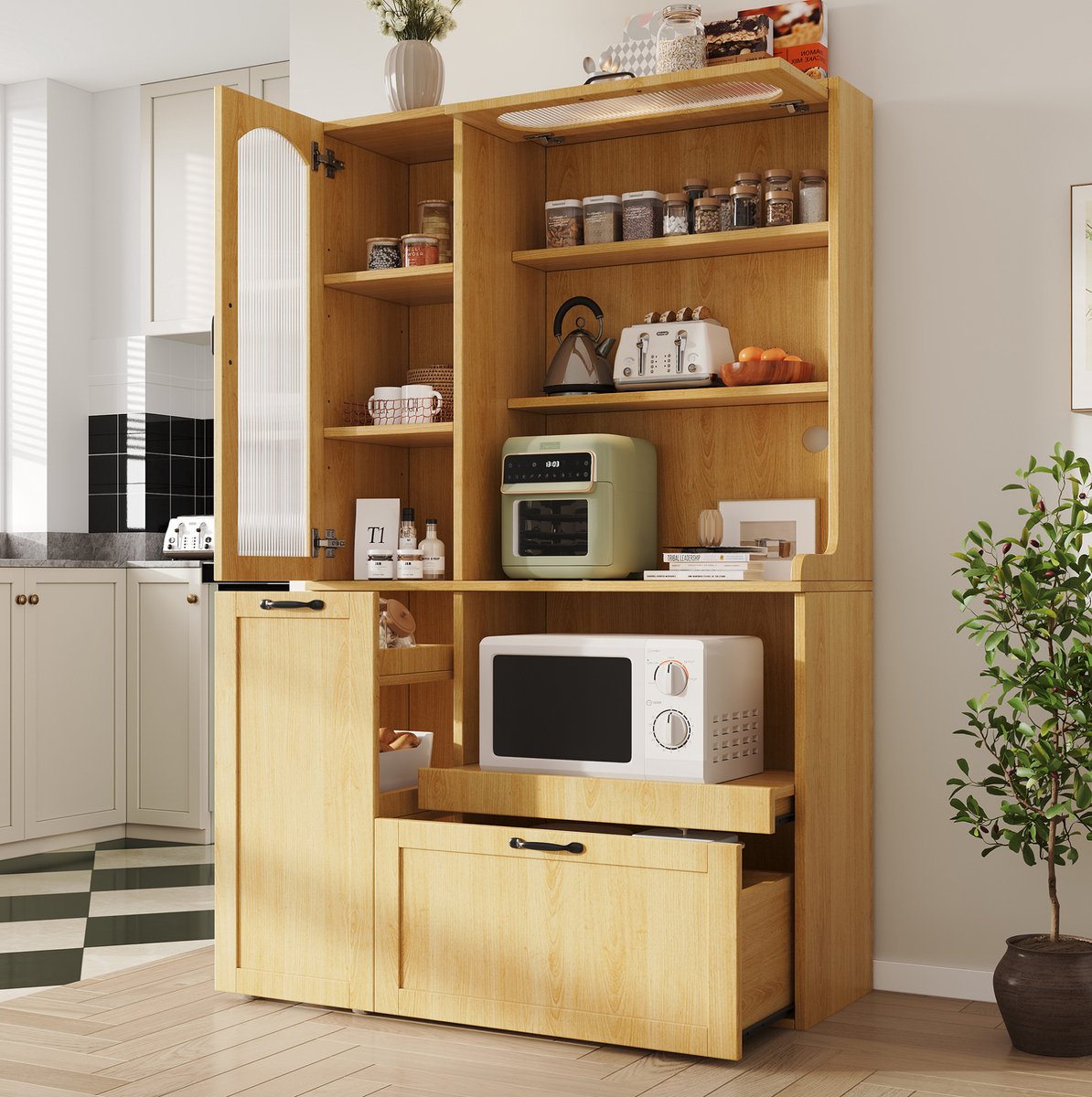 Wishdor - Keukenkast - verstelbare planken en lade - highboard met ribbelglas en uitschuifbaar rek - Scandinavische stijl - keuken en eetkamer - houtlook - naturel - 98 x 40 x 177 cm