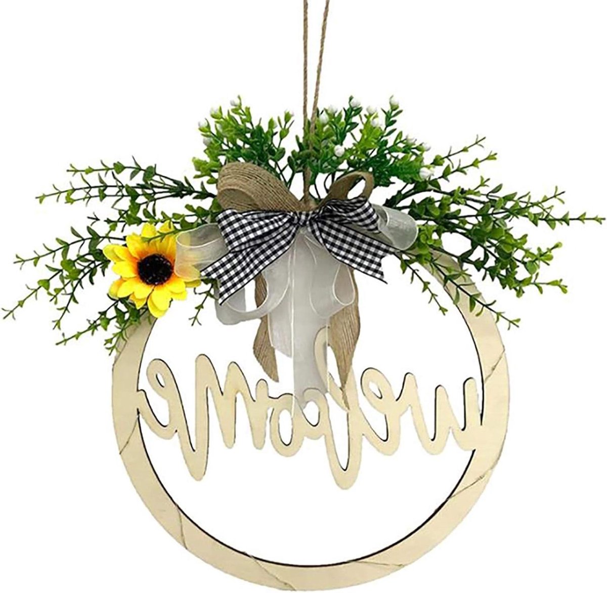 Welkom Krans - Houten Decoratie - Huis Verfraaien - Rustieke Boerderij Stijl - 32 cm Diameter - Groen
