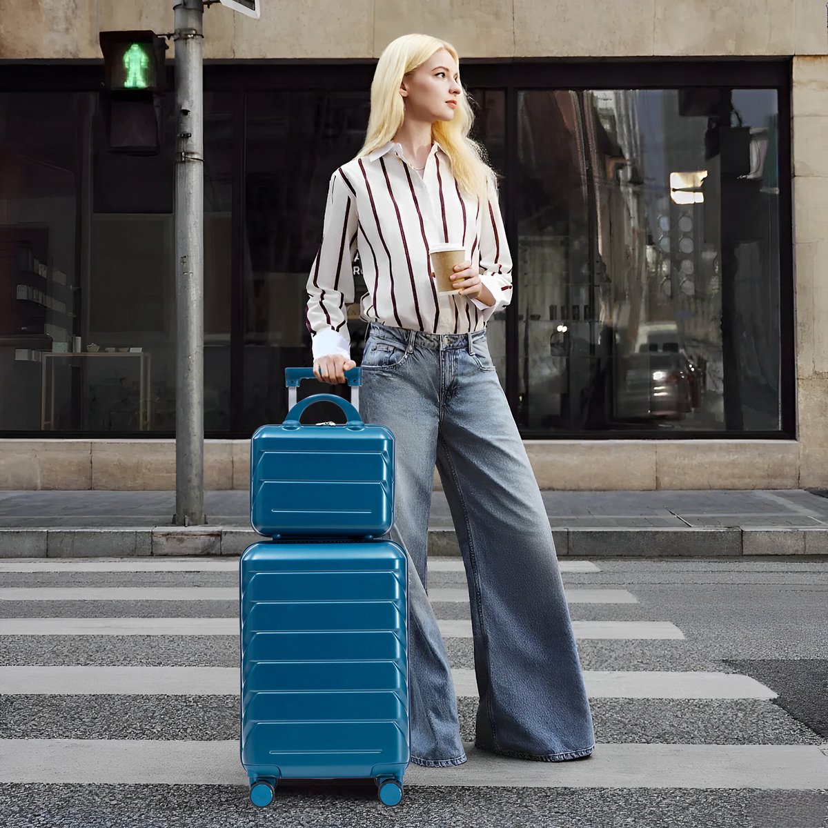 VVBV Kofferset 2 Delig 14/19 inch - ABS Hardcase, Handbagage Koffer, Beautycase, Spinner Wielen, Cijferslot, Donkerblauw
