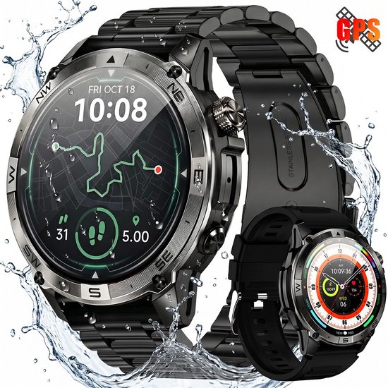 Twee smartwatches omringd door water, waarvan één met een kaartweergave en de andere met een gekleurde wijzerplaat.