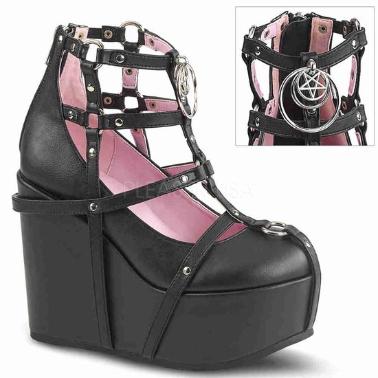 Poison-25-1 nep leren plateau sandaal enkellaars met sleehak, bandjes en metalen pentagram detail zwart - (EU 39 = US 9) - Demonia