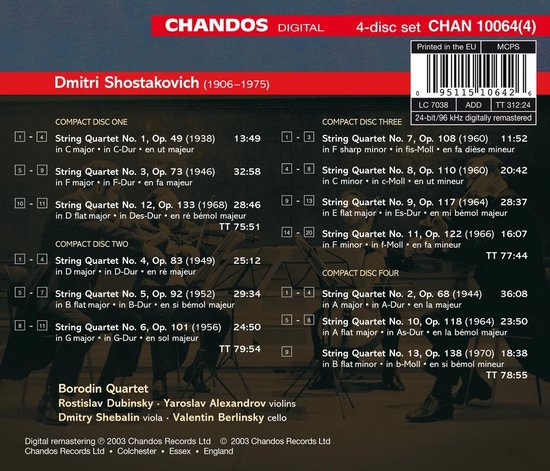 CD-hoes met tracklist van Dmitri Shostakovich strijkkwartetten 1-13, Borodin Quartet opnames.