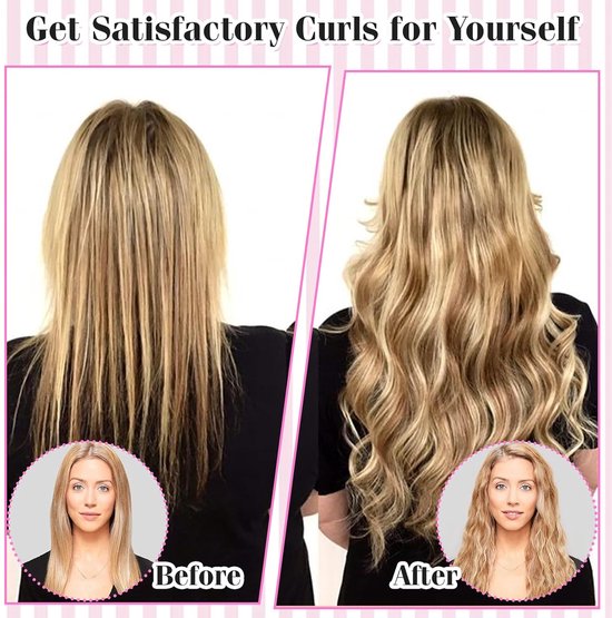Voor en na foto van blond haar, van steil naar golvend met haarkrullers.