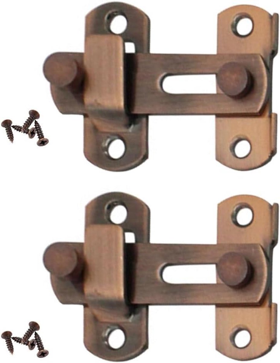 Image of 2-delige latch schuifdeurslot met klikvergrendeling voor deuren en ramen - vintage rode messing afwerking