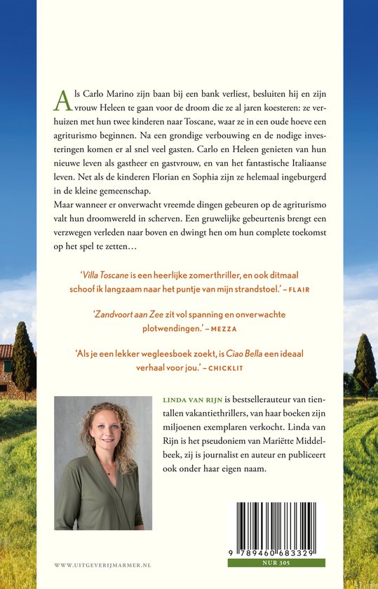 Achterkant van het boek 'Villa Toscane' met een portret van auteur Linda van Rijn, tekst en barcode.
