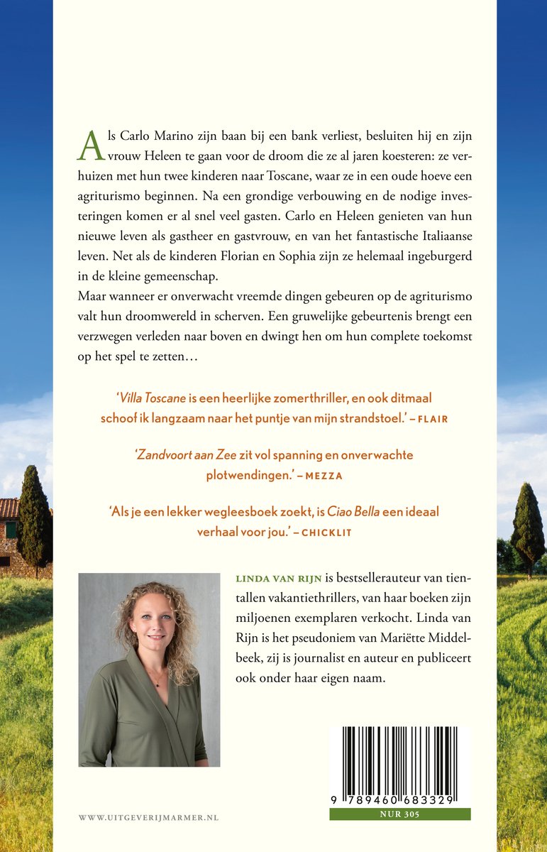Achterkant van het boek 'Villa Toscane' met een portret van auteur Linda van Rijn, tekst en barcode.